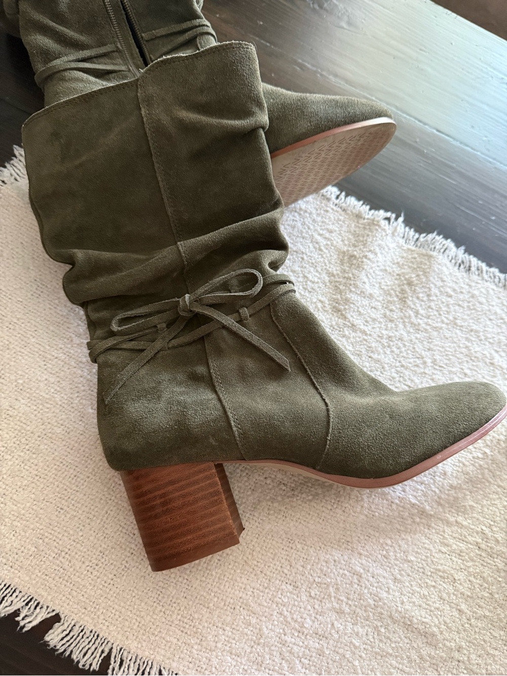 Olive Suede Mid-Calf Block Heel Boots with Tie Detail